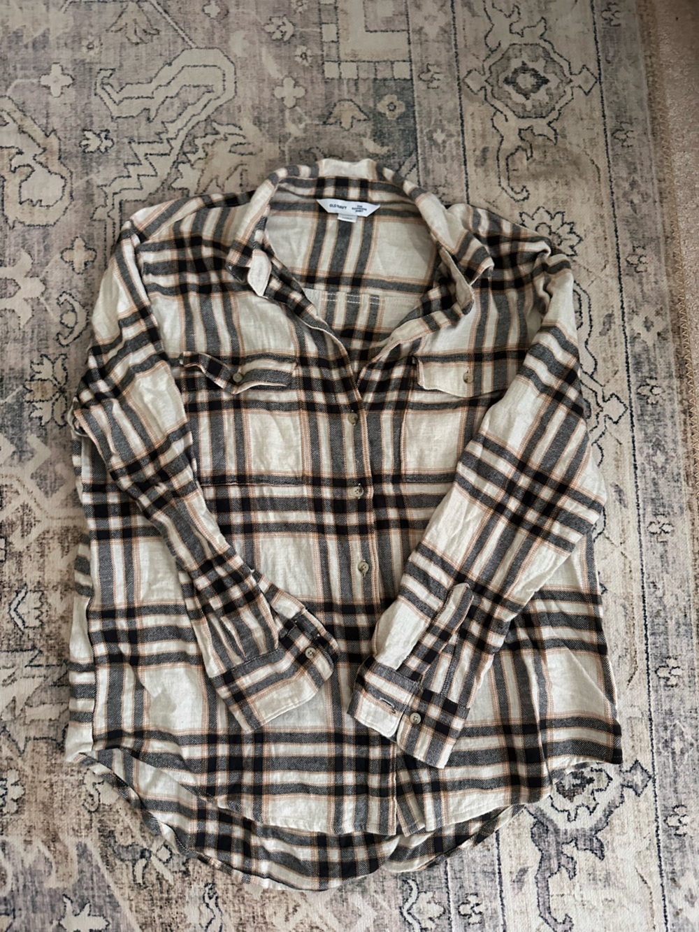 Old Navy Cream and Brown Plaid Button-Down Shirt